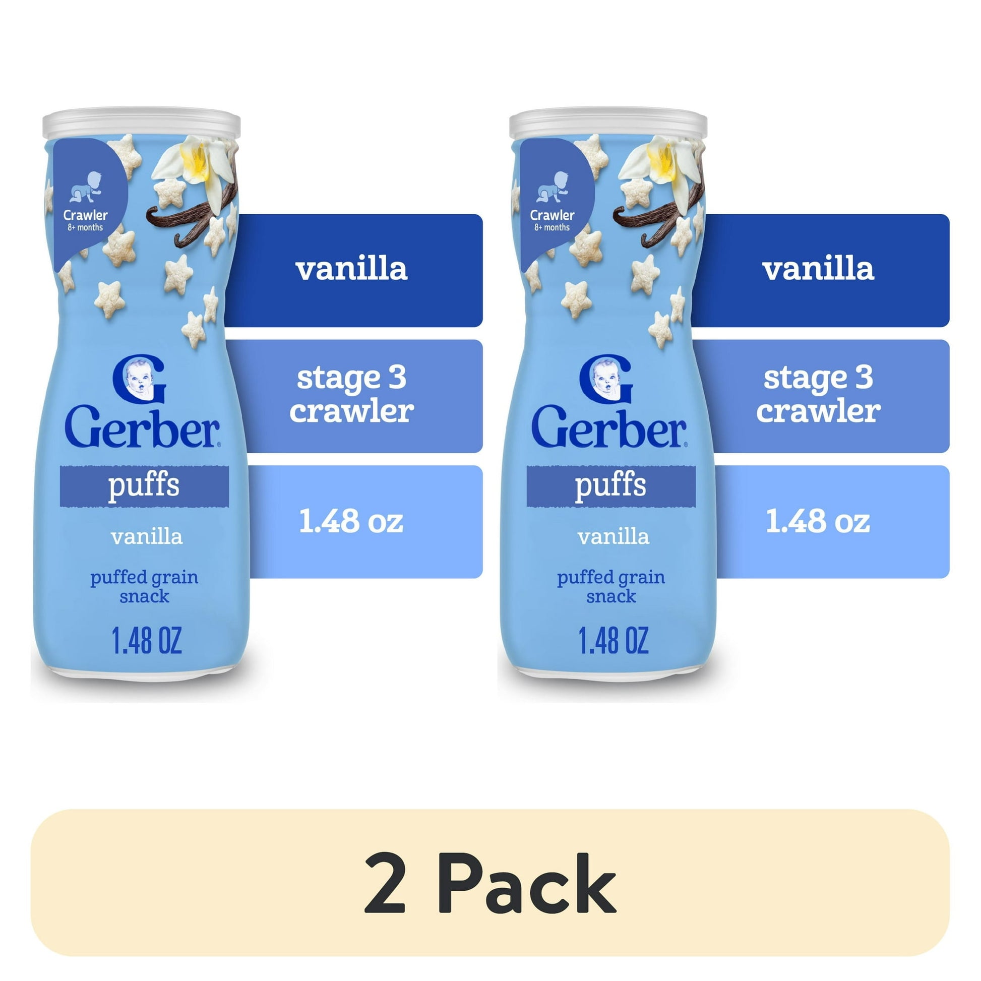 2 pack baby food Vanilla Puffs packaging on a white background