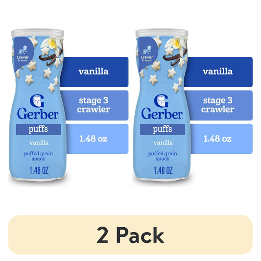 2 pack baby food Vanilla Puffs packaging on a white background