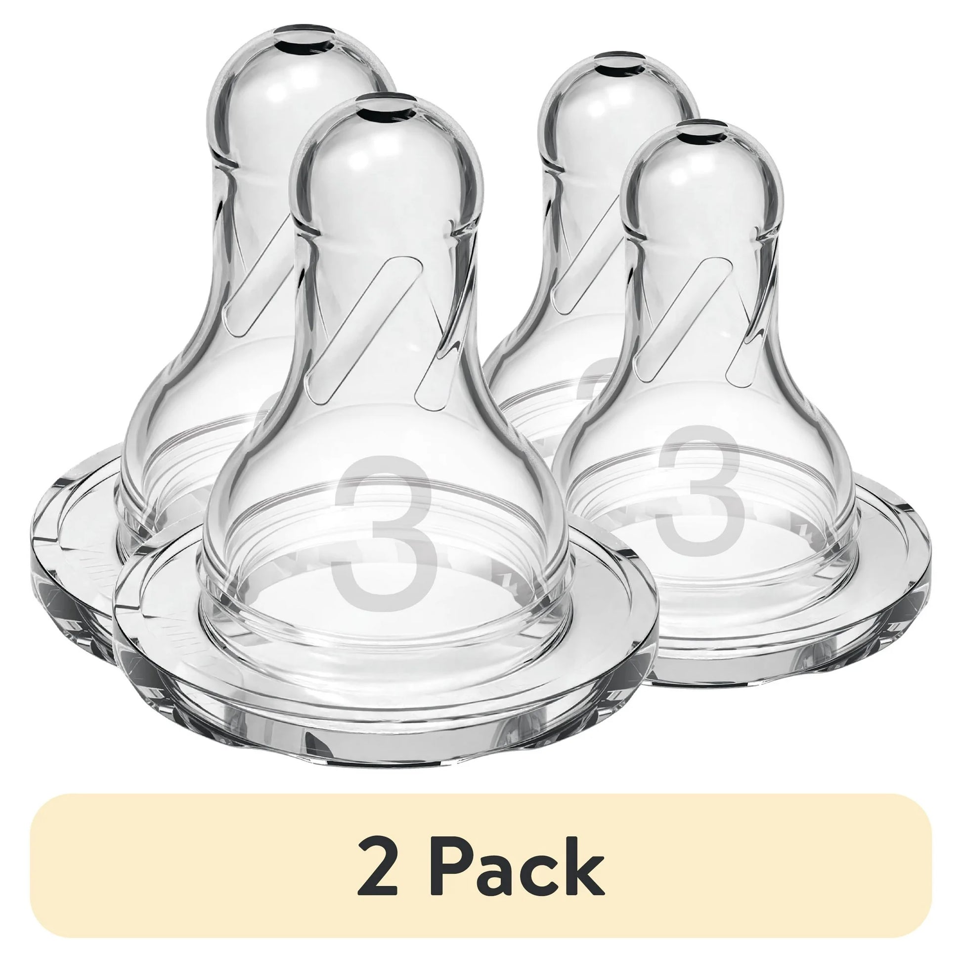 2 pack clear baby bottle nipples with the number '3' on a white background, labeled as a 2-pack.