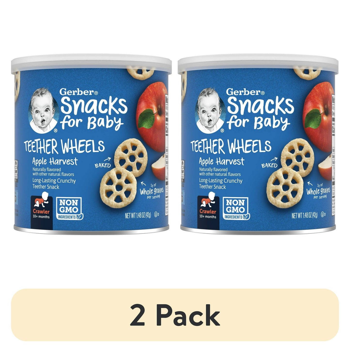 2 packs Can of Snacks for Baby Teether Wheels with blue label and apple illustration