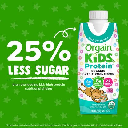 Nutritional shake carton with text "25% LESS SUGAR" and a monkey illustration on a green background