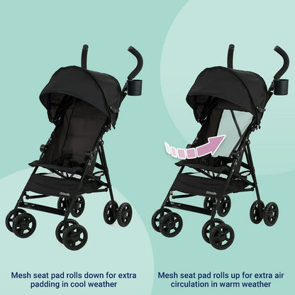 Image displaying a baby stroller with text about it's details