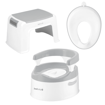 White and gray potty training kit with chair, seat, and step stool