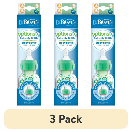 (3 pack) Dr. Brown's Anti-Colic Options+ Narrow Sippy Bottle Starter Kit, 8oz/250ml, Green, BPA Free, 6m+