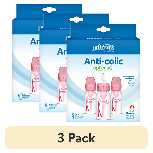 (3 pack) Dr. Brown's Natural Flow Anti-Colic Options+ Narrow Baby Bottle, Pink, 4oz, Slow Flow, 0m+, 3 Pack