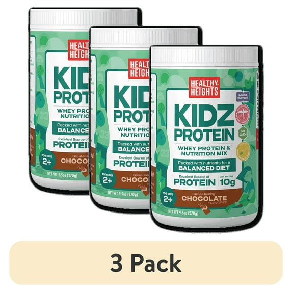 A canister of chocolate flavoured protein shake mix powder for kids on a plain background, with "3 Pack" Labeled below