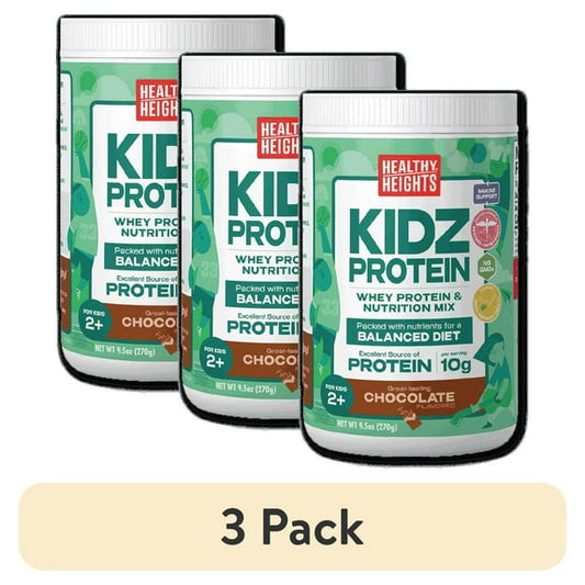 A canister of chocolate flavoured protein shake mix powder for kids on a plain background, with "3 Pack" Labeled below
