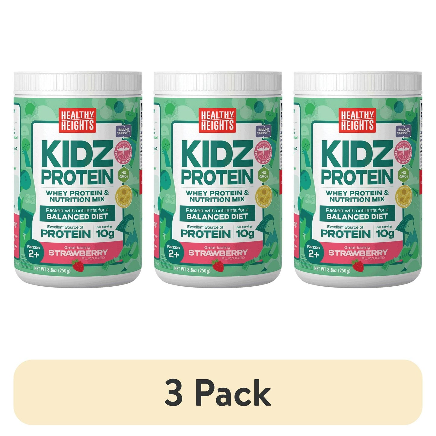 Canisters of strawberry-flavored protein powder for kids, with text and illustrations, with "3 Pack" Labeled below
