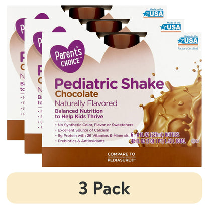 Brown and white carton of Kids chocolate pediatric nutritional shakes with white background, with "3 Pack' labeled below