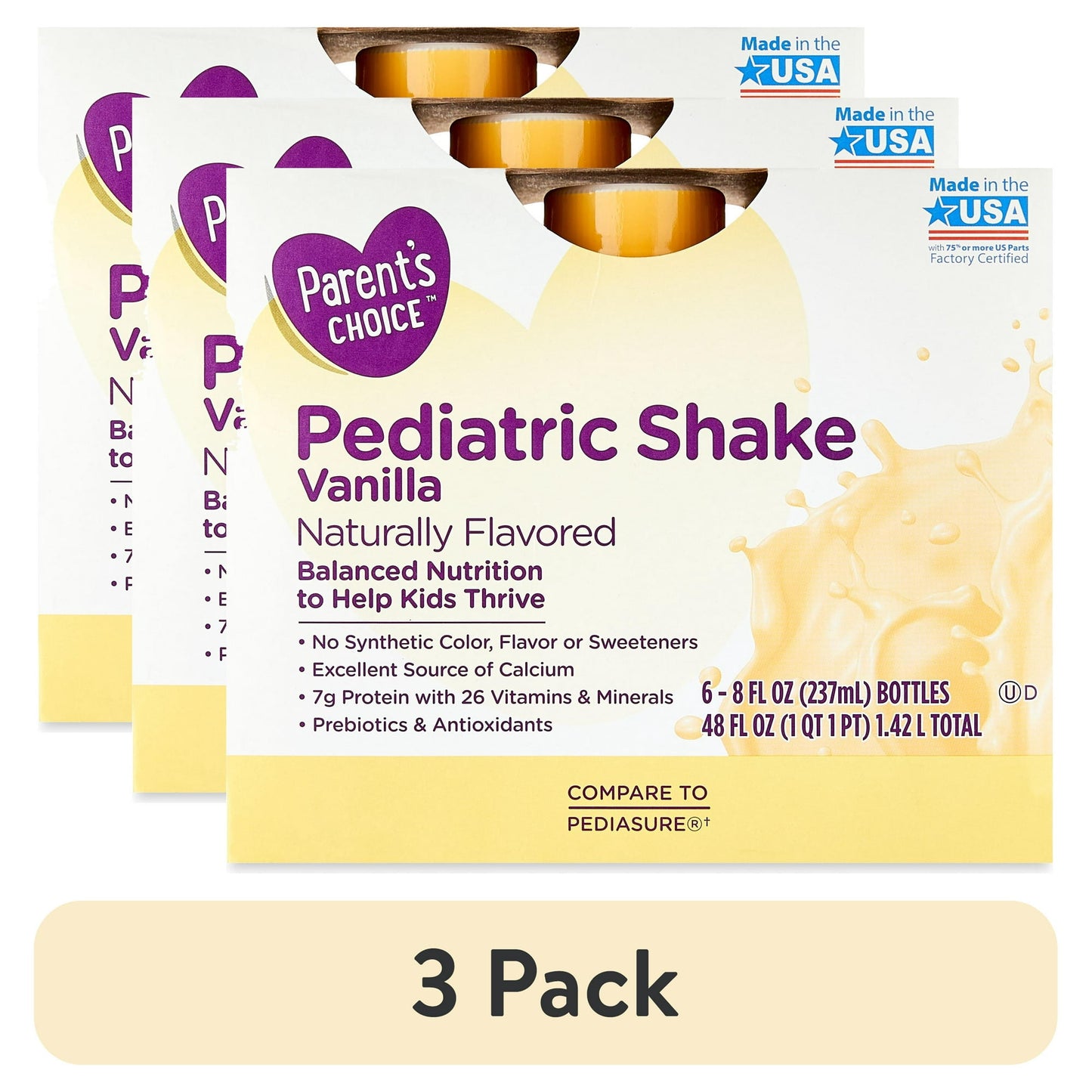Boxes of children's vanilla nutrition shakes with light-colored label and text design, with "3 Pack" Labeled Below