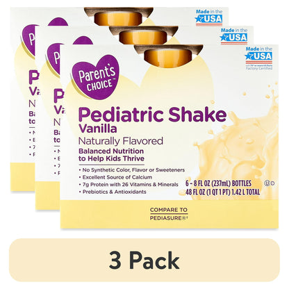 Boxes of children's vanilla nutrition shakes with light-colored label and text design, with "3 Pack" Labeled Below