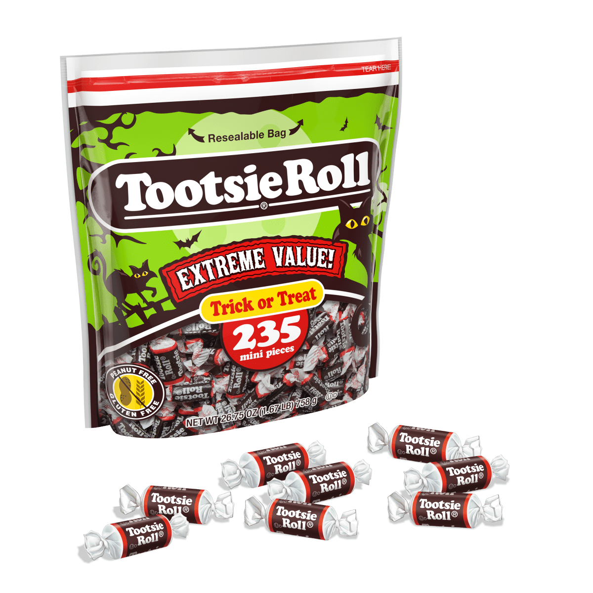 Tootsie Roll, Midgees, 26 oz, 235 Piece Bag. Peanut-Free, Gluten Free, Contains Milk and Soy.