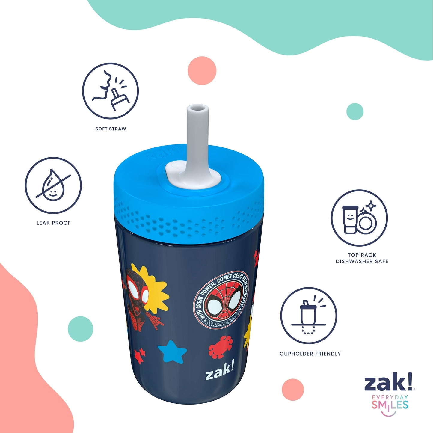 Zak Designs 12oz Kids Straw Tumbler, Stainless Steel Vacuum Insulated Kincaid Tumbler with Silicone Straw Utilizing Leak-Proof Valve, Travel Straw Tumbler