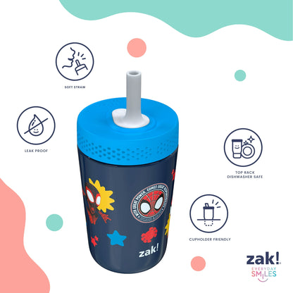 Zak Designs 12oz Kids Straw Tumbler, Stainless Steel Vacuum Insulated Kincaid Tumbler with Silicone Straw Utilizing Leak-Proof Valve, Travel Straw Tumbler