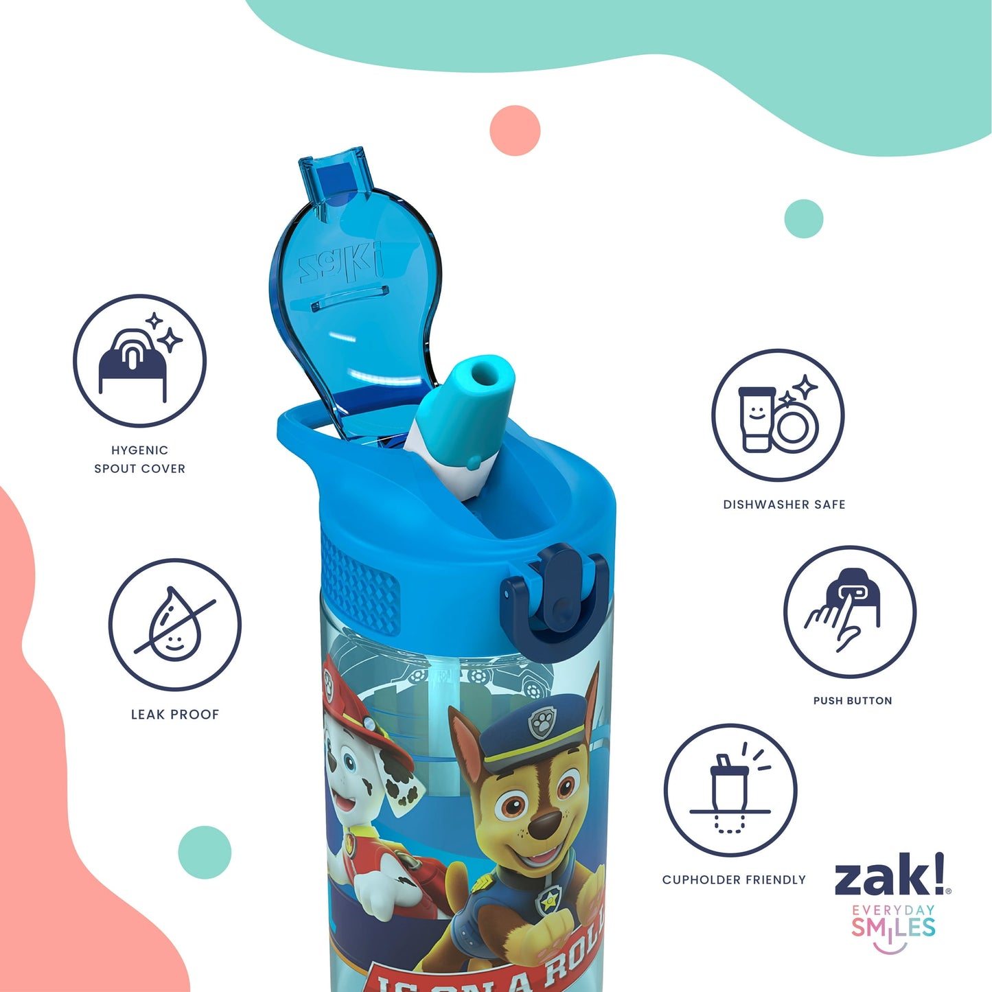 Zak Designs Kids Straw Water Bottle, Durable Plastic Park Bottle with Easy-Open Locking Spout Cover for Travel, Built in Carry Handle
