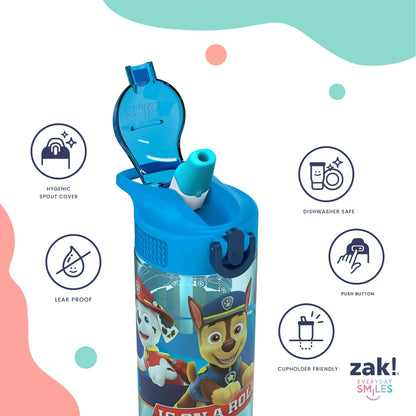 Zak Designs Kids Straw Water Bottle, Durable Plastic Park Bottle with Easy-Open Locking Spout Cover for Travel, Built in Carry Handle