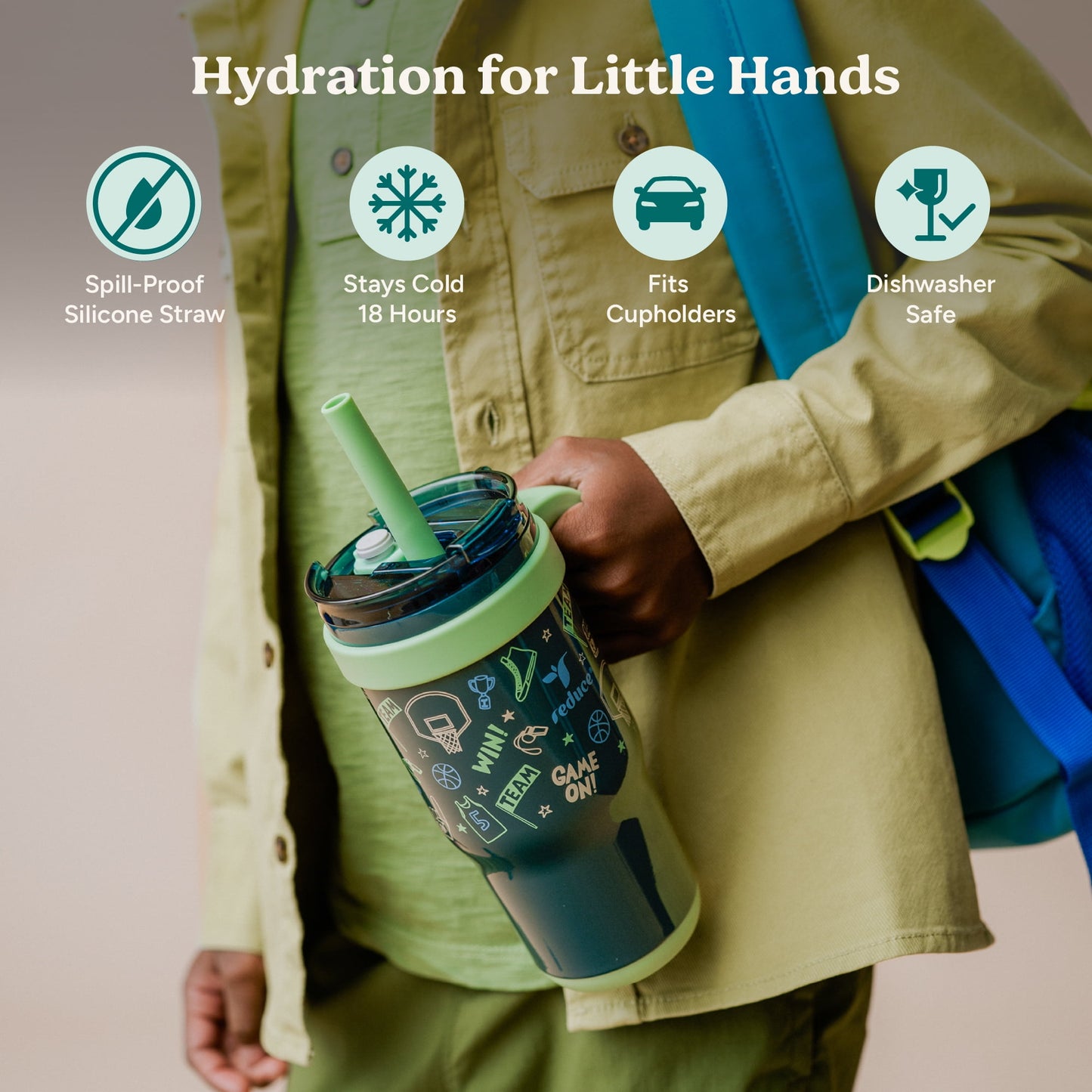 Reduce Coldee Kids Tumbler with Spill-Proof Straw Handle. Insulated Stainless Steel 18 oz