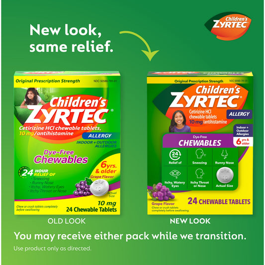 Childrens Zyrtec 24 Hr 10 mg Allergy Chews for Ages 6+, Grape, 24 Count