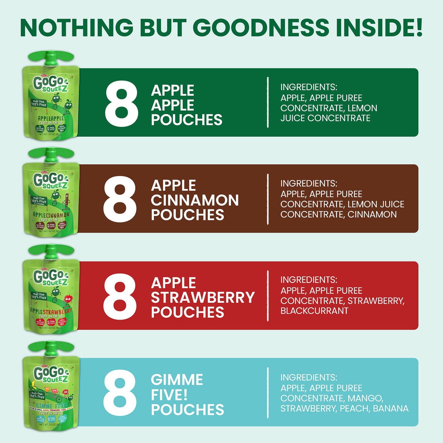 GoGo SqueeZ Applesauce Pouches, Variety Pack, 3.2 oz., 32 ct.