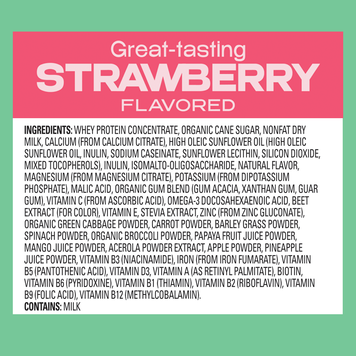 A product label showing strawberry flavored ingredients list and nutritional information