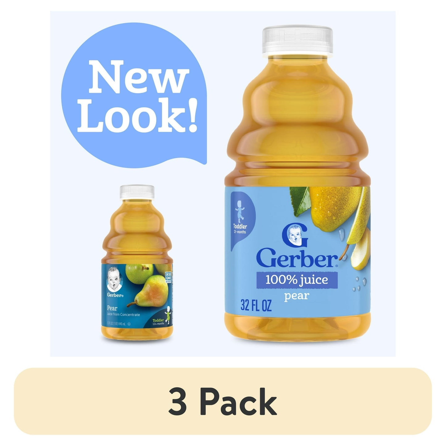 3 juice bottles with 'New Look!' label and '3 Pack' text on a white background