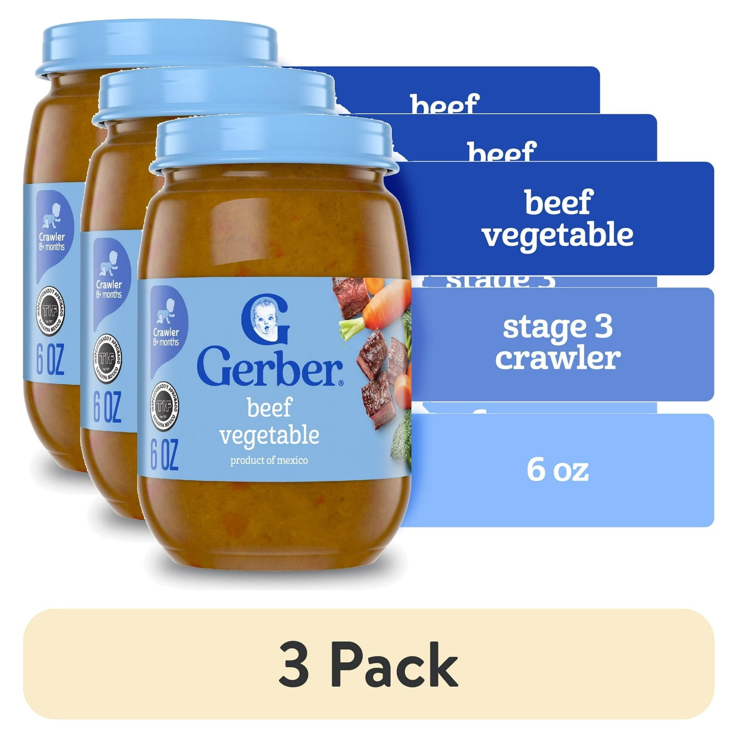 3 pack Beef and vegetable baby food, 6 oz jar – hearty stage 3 puree meal for older infants and toddlers.