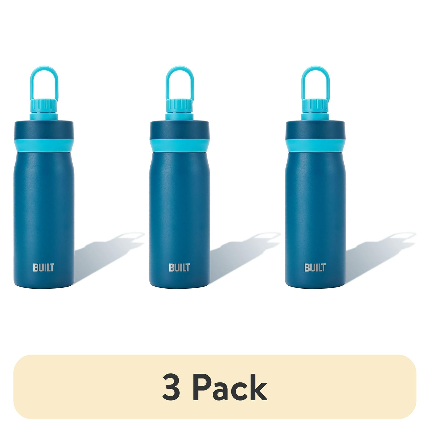 3 pack Blue water bottle with a turquoise cap on a white background