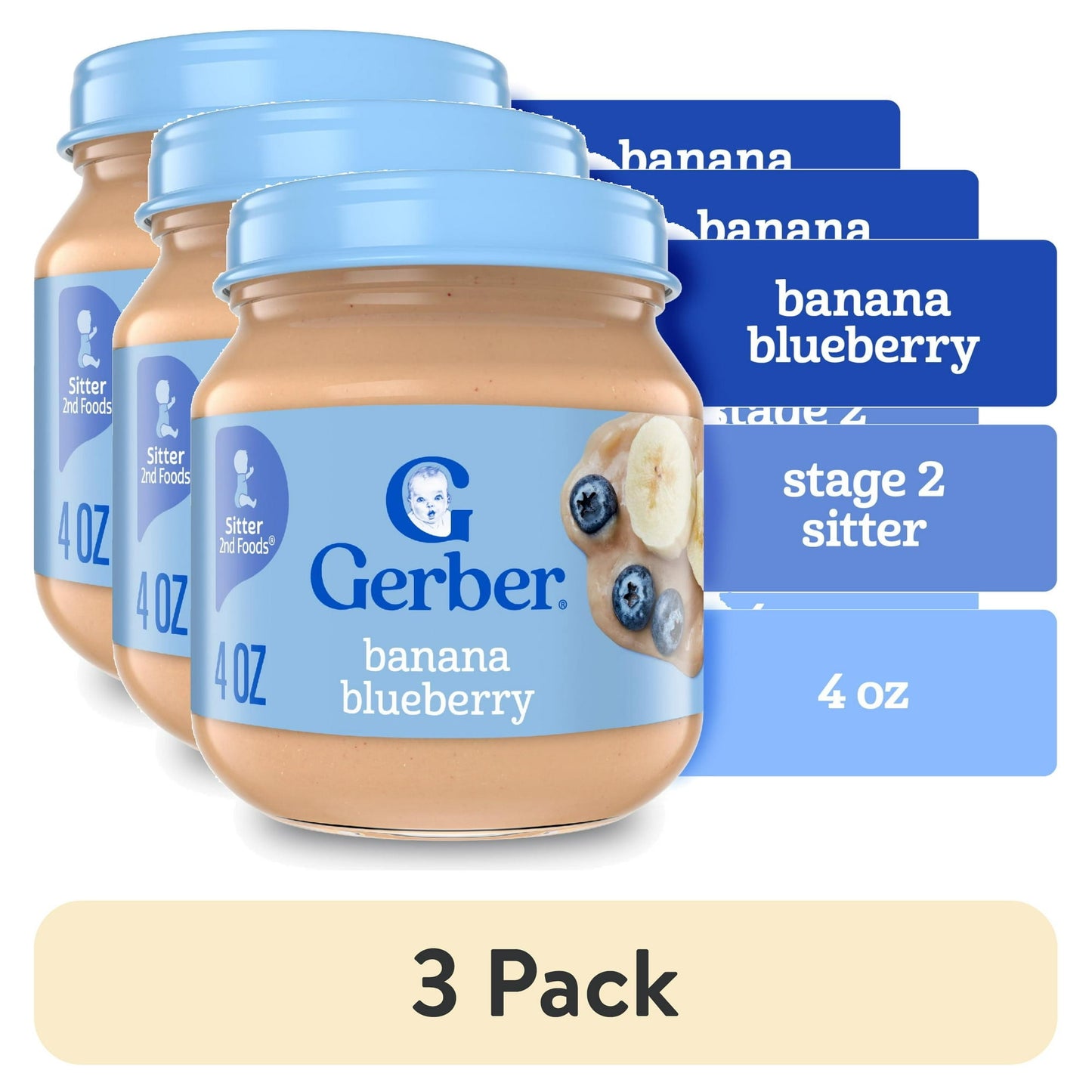 3 pack Jar of Gerber banana blueberry baby food with blue lid and label.