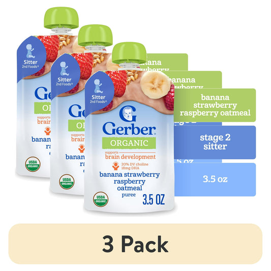 3 pack Organic baby food pouch with banana, strawberry, raspberry, and oatmeal on a white background