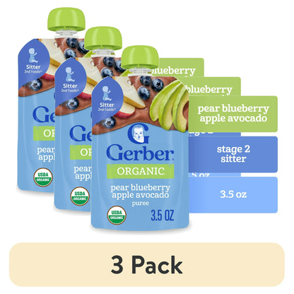 3 pack Organic baby food pouch with pear blueberry apple avocado flavor on a white background