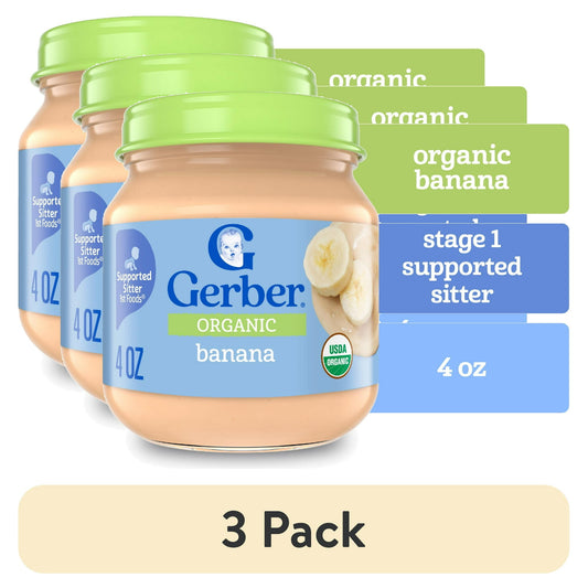 3 pack Organic banana puree baby food, 4 oz jar – smooth stage 1 fruit puree for infants starting solids.