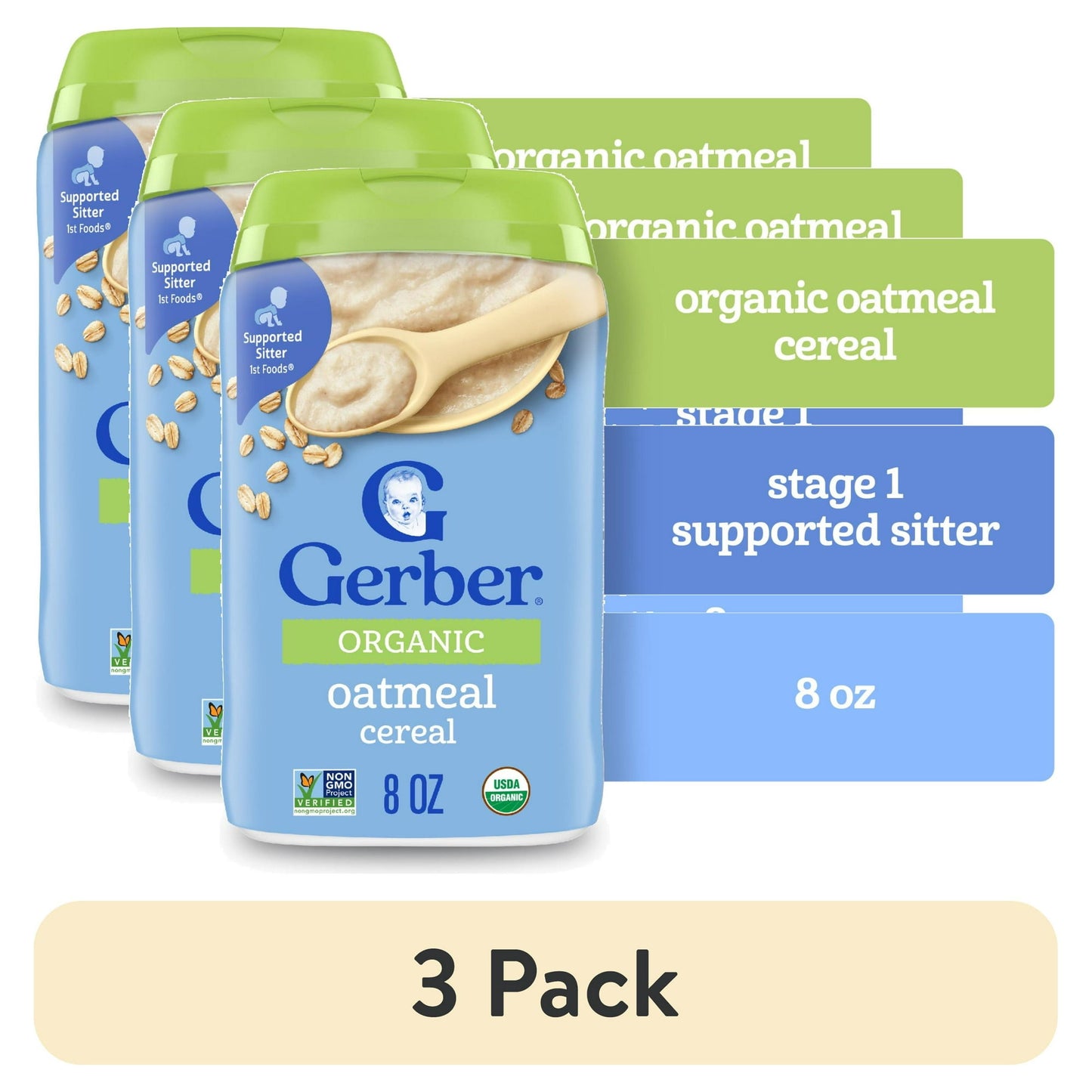 3 pack Organic oatmeal baby cereal, 8 oz canister – iron-fortified grain for infants’ growth and development.