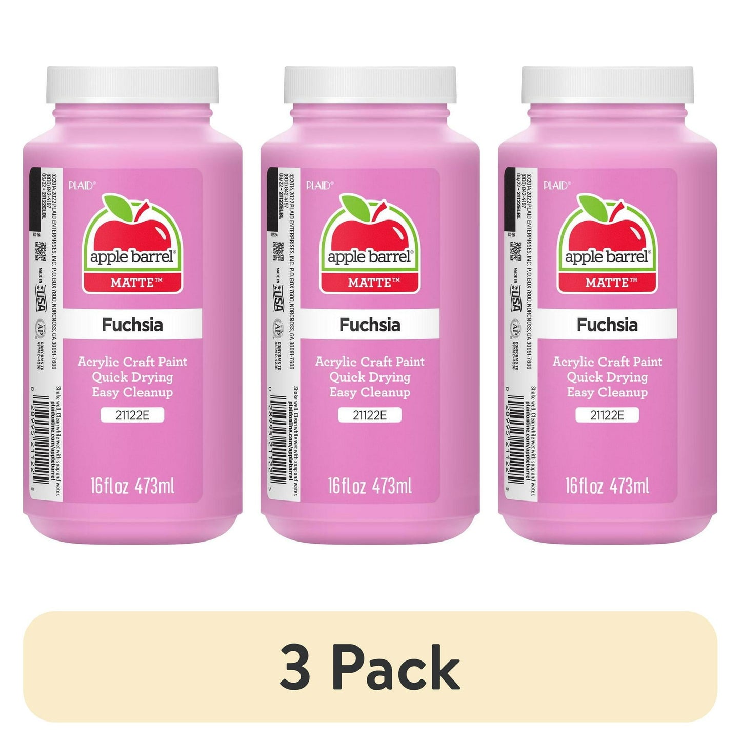 3 pack Pink bottle of Fuchsia acrylic craft paint on a white background