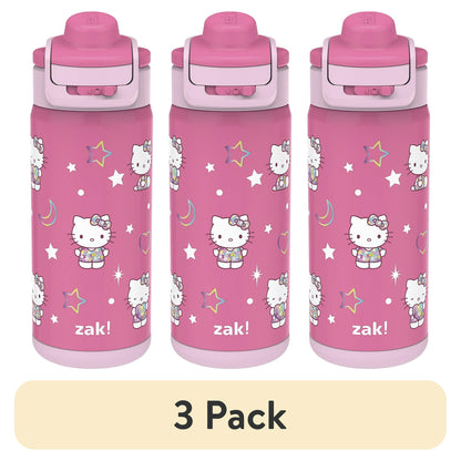 3 pack Pink water bottle with Hello Kitty design and branding on a white background