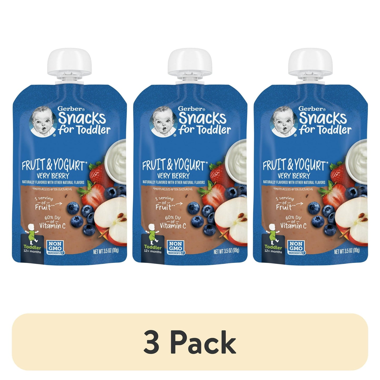 3 pack Very berry fruit and yogurt snacks for toddlers, 3.5 oz pouch – chewy yogurt snack made with real fruit.