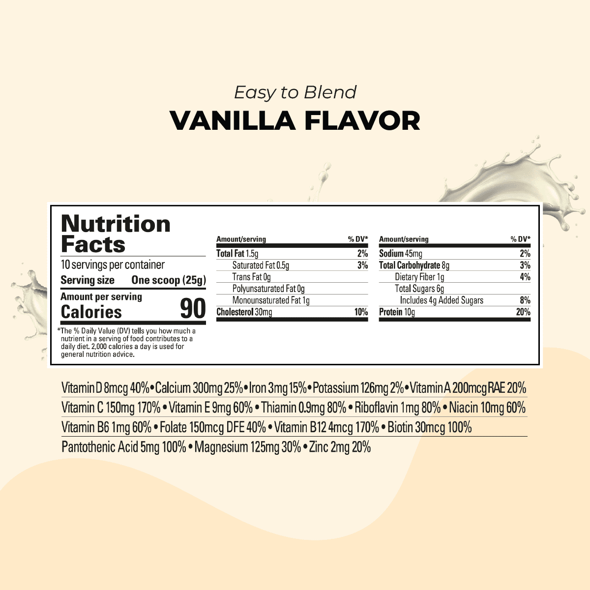 A nutrition facts label for a vanilla-flavored product, showing nutritional information per serving