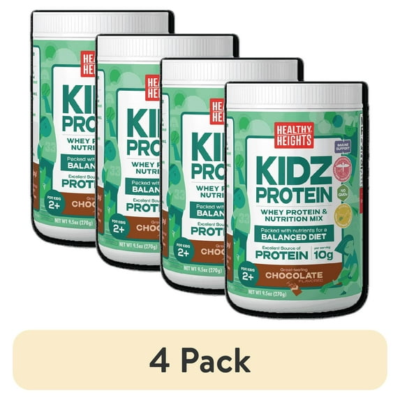 A canister of chocolate flavoured protein shake mix powder for kids on a plain background, with "4 Pack" Labeled below
