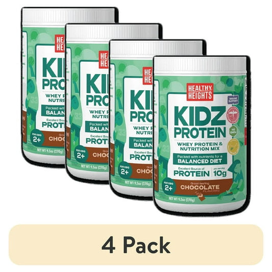 A canister of chocolate flavoured protein shake mix powder for kids on a plain background, with "4 Pack" Labeled below