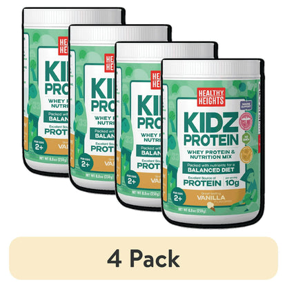 Canisters of protein shake mix powder for kids, primarily green and white, on a plain background