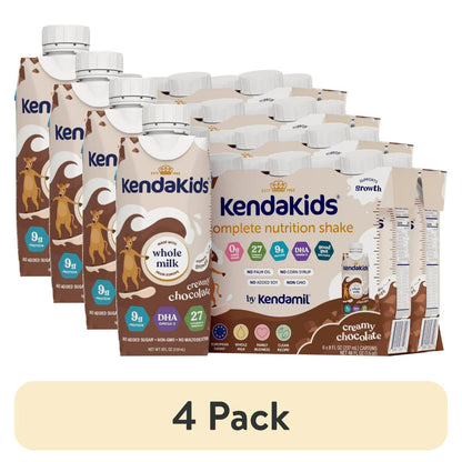 Bottles of chocolate-flavored nutritional shakes for kids on a white background, with "4 Pack" Labeled below