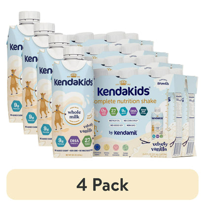 Pack of vanilla nutrition shake bottles featuring a cartoon animal illustration, with "4 Pack" Labeled 