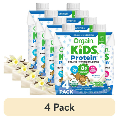 Kids Protein Vanilla Flavored nutritional shake packages on a white background