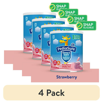 Cans of strawberry-flavored kids’ shake mix powder with illustrated label, with "4 Pack" Labeled Below