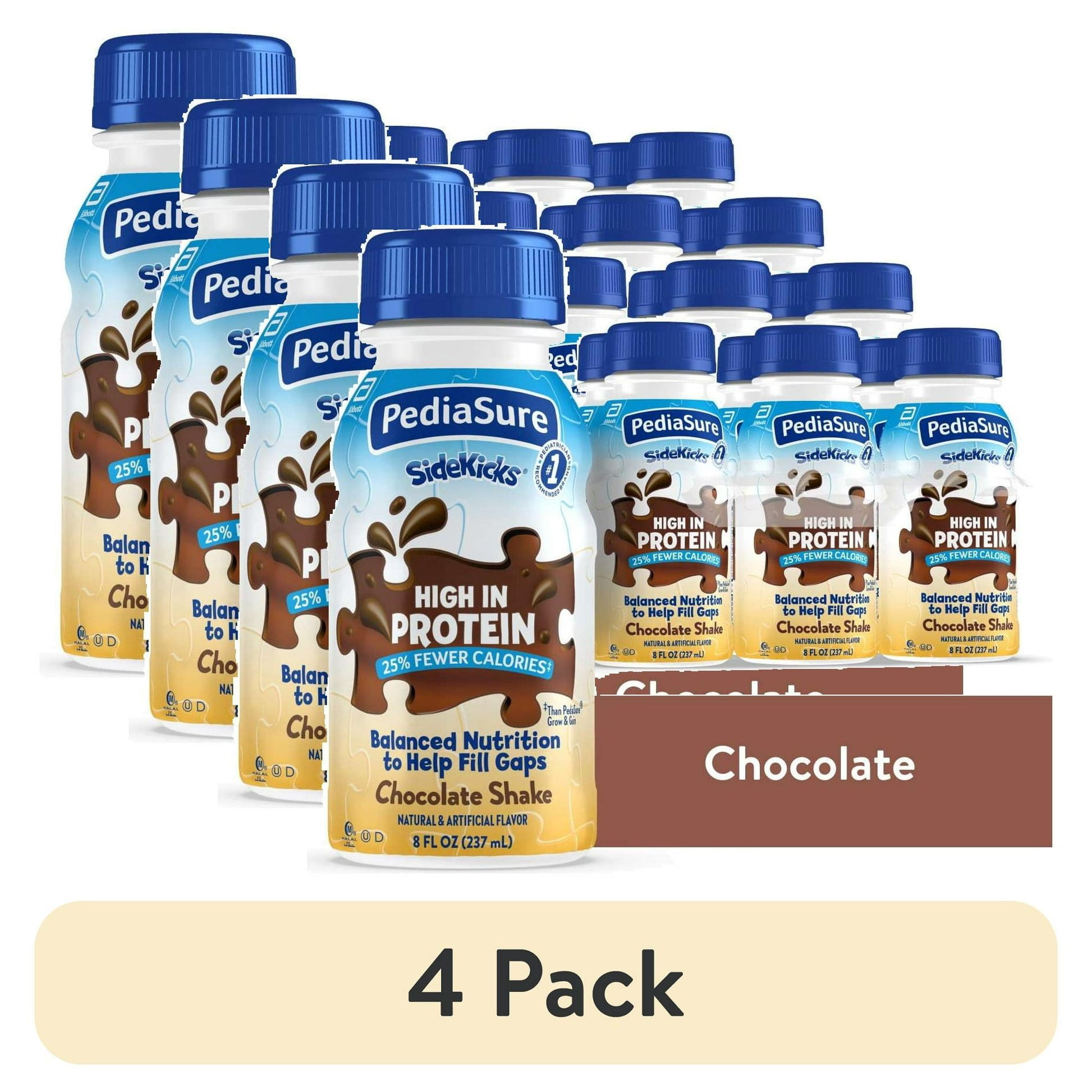 Pack of chocolate nutrition shake bottles featuring a chocolate splash design, with "4 Pack" Labeled below