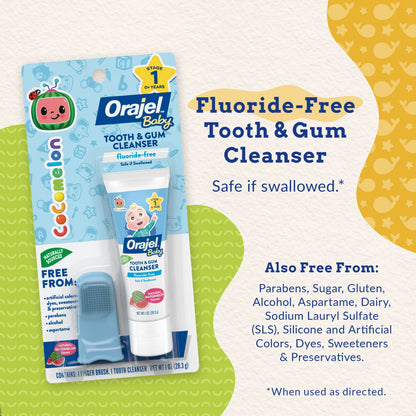 Orajel Baby CoComelon Fluoride-Free Toothpaste Watermelon Flavor, 1oz, and Soft Finger Brush