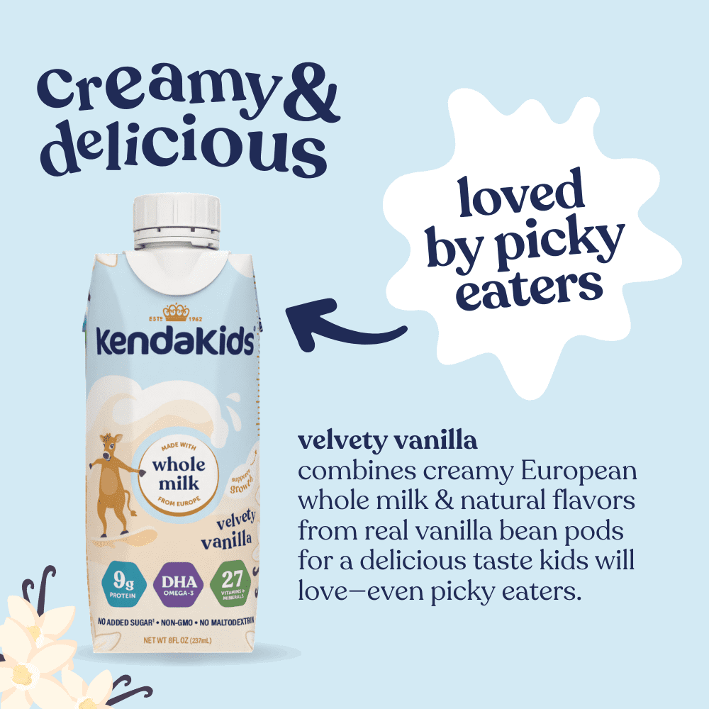 A carton of nutritional shake with text and decorative elements on a light blue background