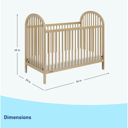 A wooden baby crib with dimensions labeled for height, width, and length