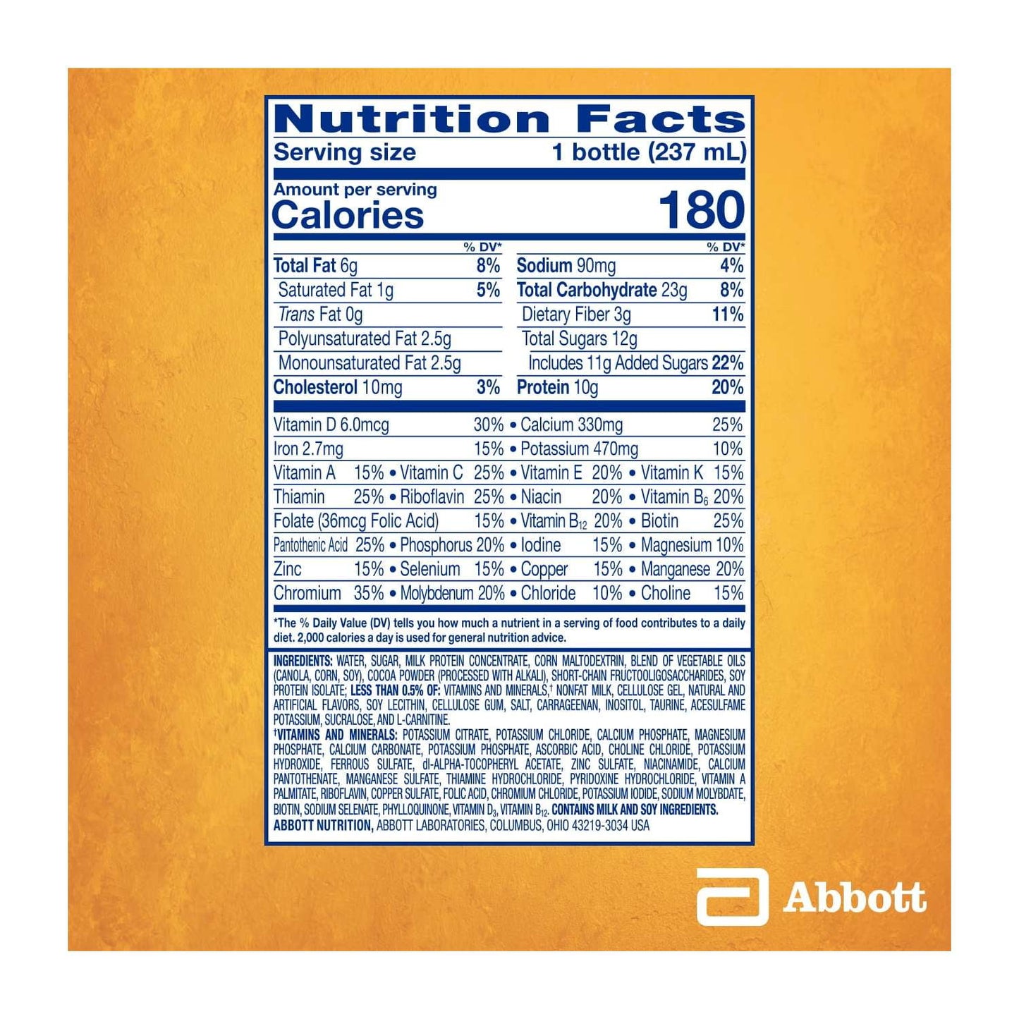 Nutrition facts label displaying calorie, fat, carbohydrate, protein, vitamin, and mineral content of a beverage
