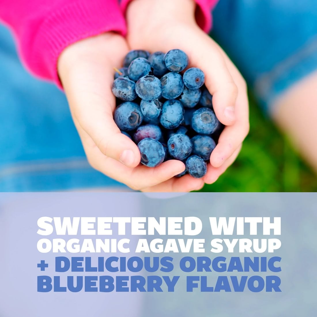 Image displaying hand holding blueberry with text below