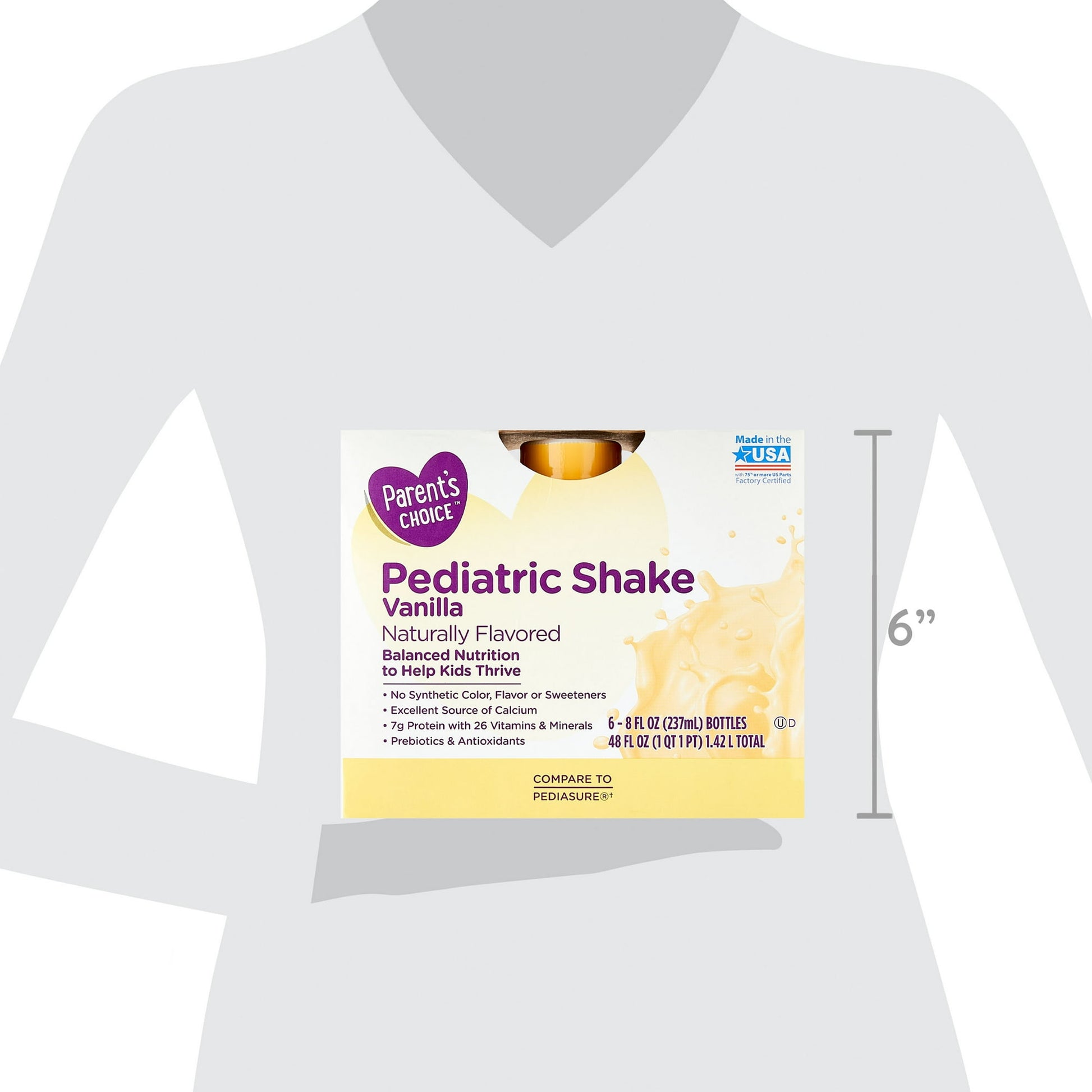 Box of pediatric nutritional shakes, vanilla flavored, with nutritional information and size indicated